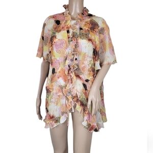 CATO Multicolor Abstract Short Sleeve Sheer Open Cardigan